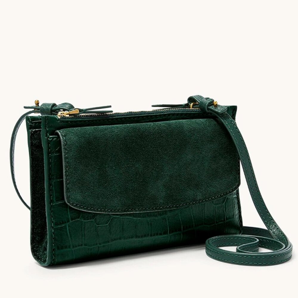 S Fossil Sage Green Leather Suede Crossbody Double-Zip SLG1322366 NWT Alligator - Picture 4 of 13